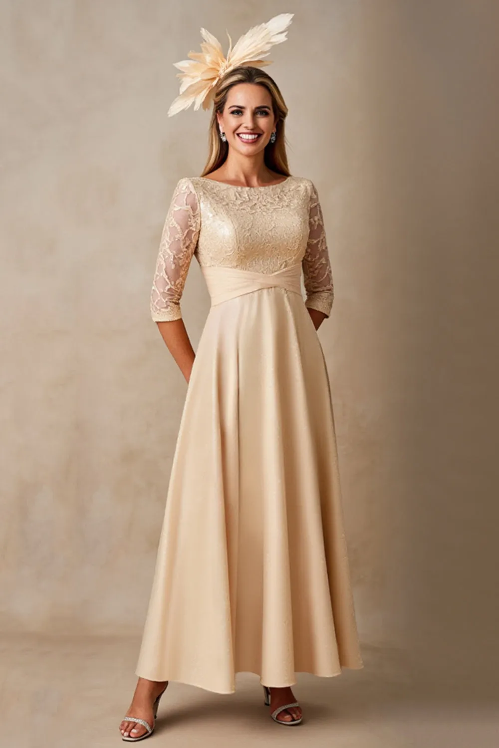 Chiffon A Line Applique Champagne Mother of the Bride Dress with 3/4 Sleeves sold by Zapaka
