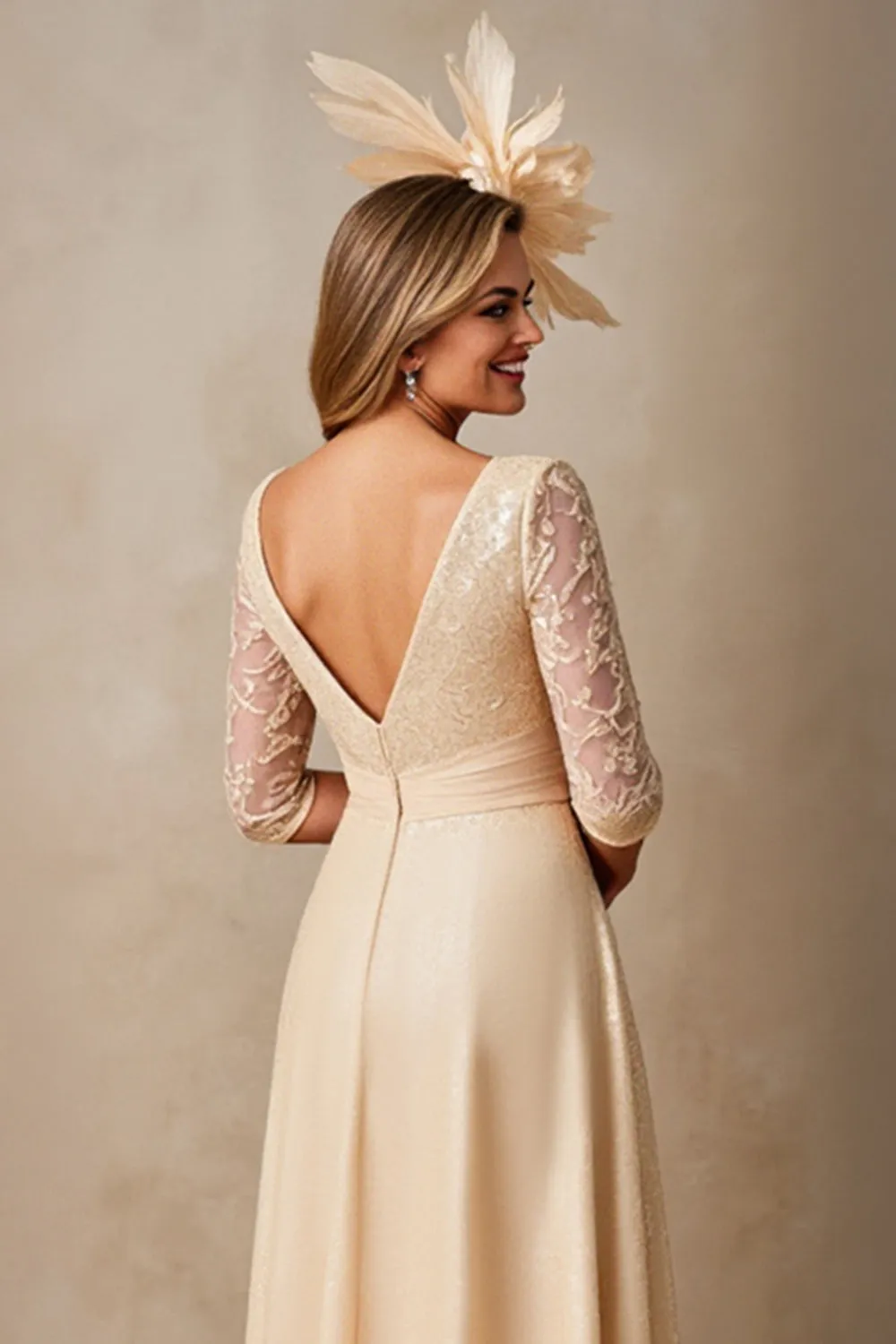 Chiffon A Line Applique Champagne Mother of the Bride Dress with 3/4 Sleeves sold by Zapaka product image thumbnail 5