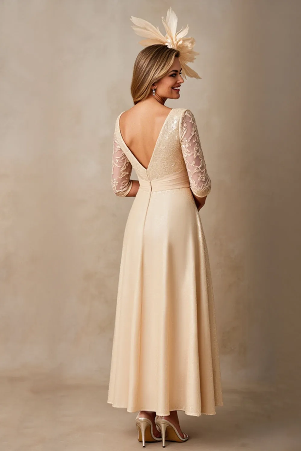Chiffon A Line Applique Champagne Mother of the Bride Dress with 3/4 Sleeves sold by Zapaka product image thumbnail 2