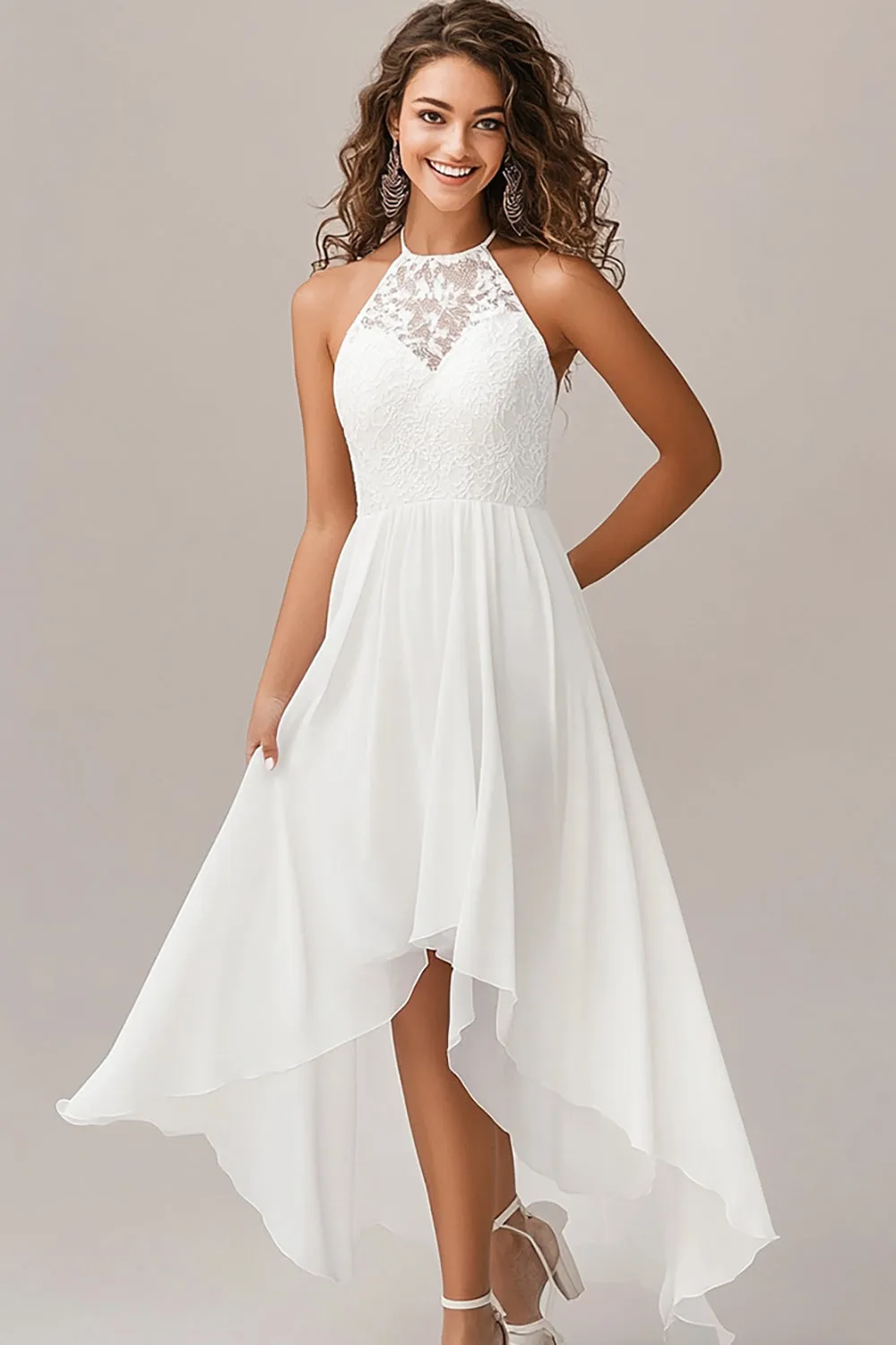 Halter A Line White Chiffon Wedding Dress with Lace sold by Zapaka
