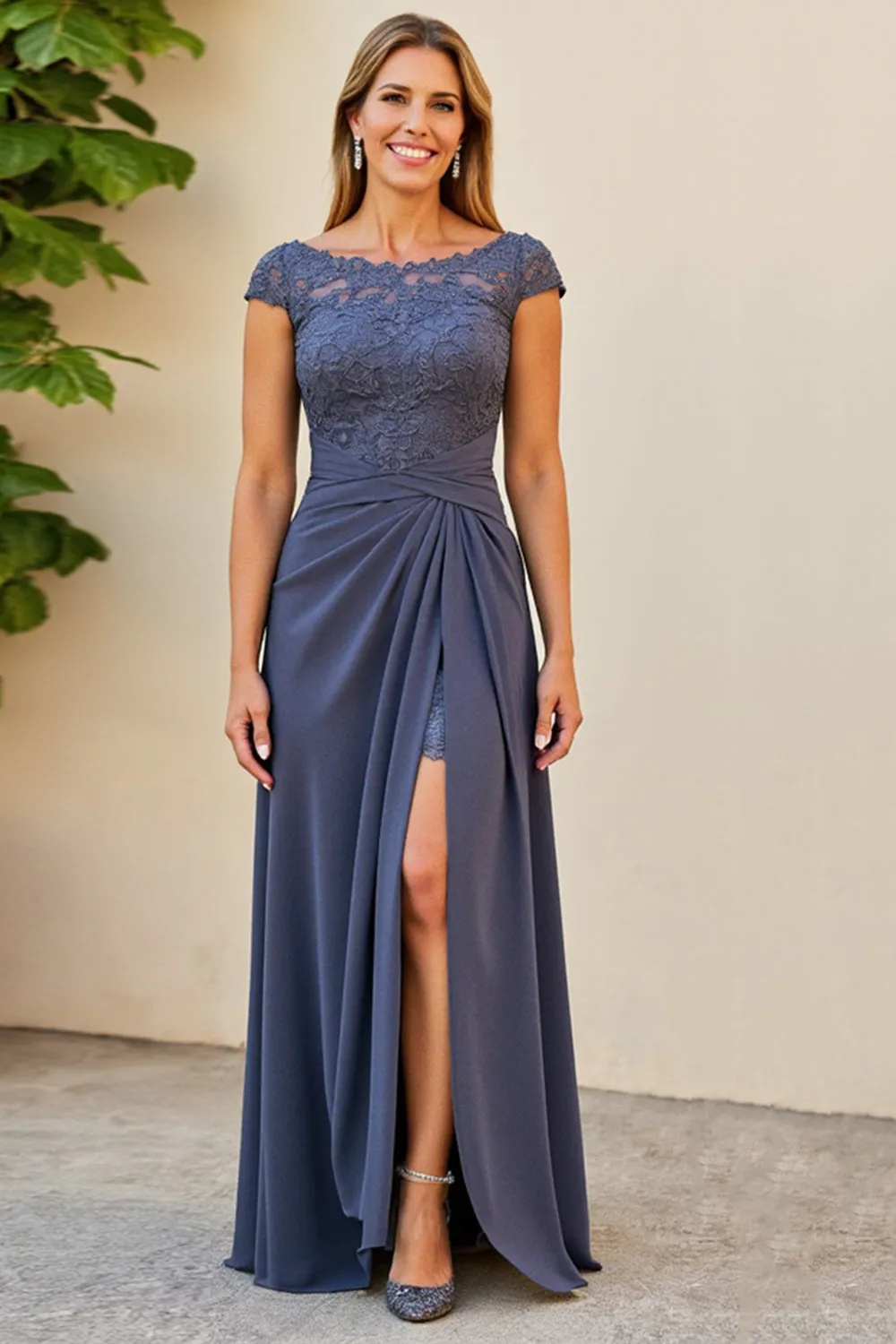 Twilight Ruched Lace Applique Mother of the Bride Dress with Slit sold by Zapaka