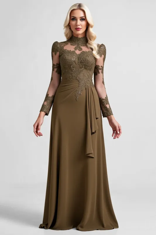 Olive High Neck Long Sleeve Mother of the Bride Dress with Lace Appliques sold by Zapaka