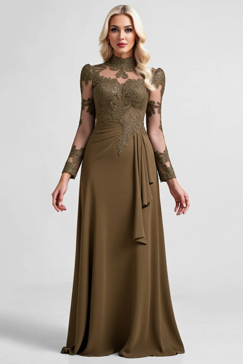 Olive High Neck Long Sleeve Mother of the Bride Dress with Lace Appliques sold by Zapaka