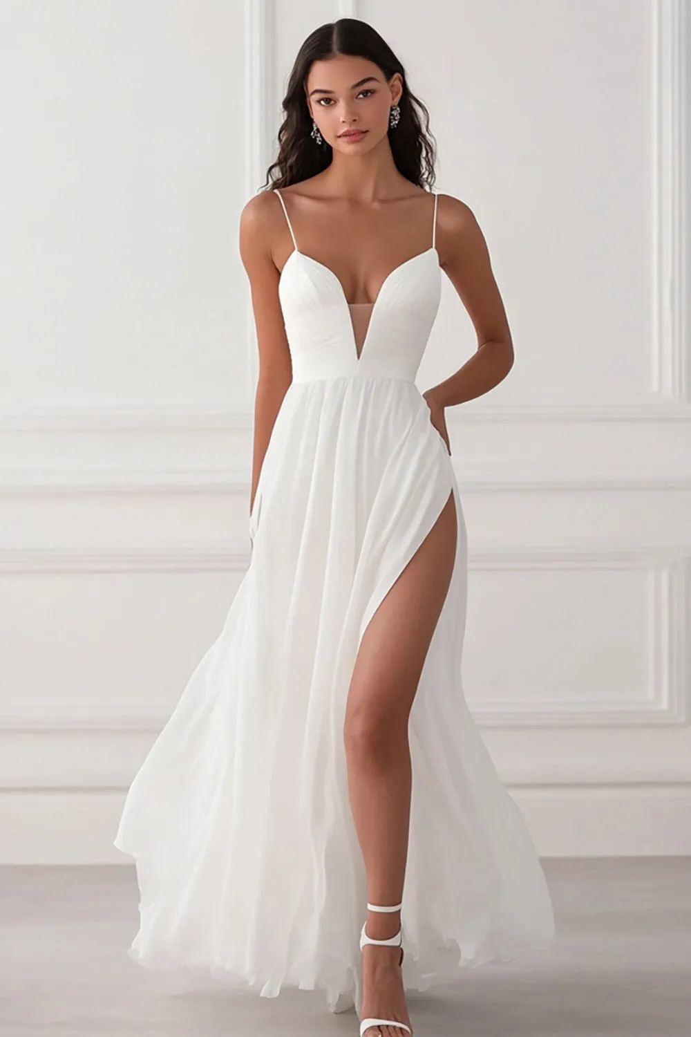 Chiffon A Line White Wedding Dress With Slit sold by Zapaka