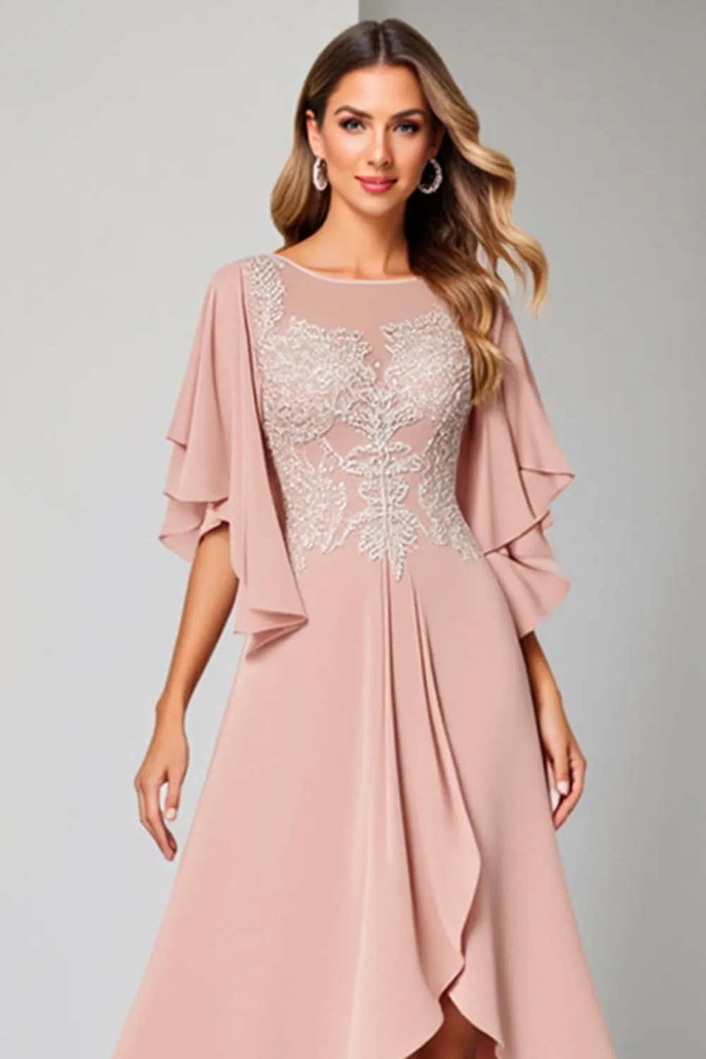 Blush Chiffon A Line Midi Mother of the Bride Dress with Appliques sold by Zapaka product image thumbnail 2