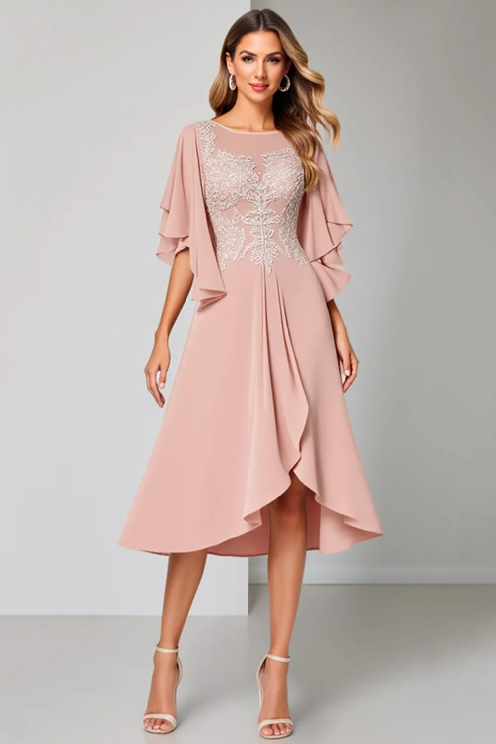 Blush Chiffon A Line Midi Mother of the Bride Dress with Appliques sold by Zapaka