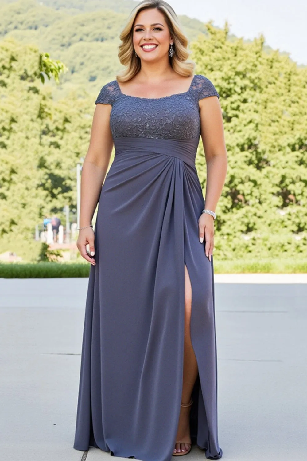 Ruched Chiffon Applique Steel Grey Mother of the Bride Dress with Slit sold by Zapaka