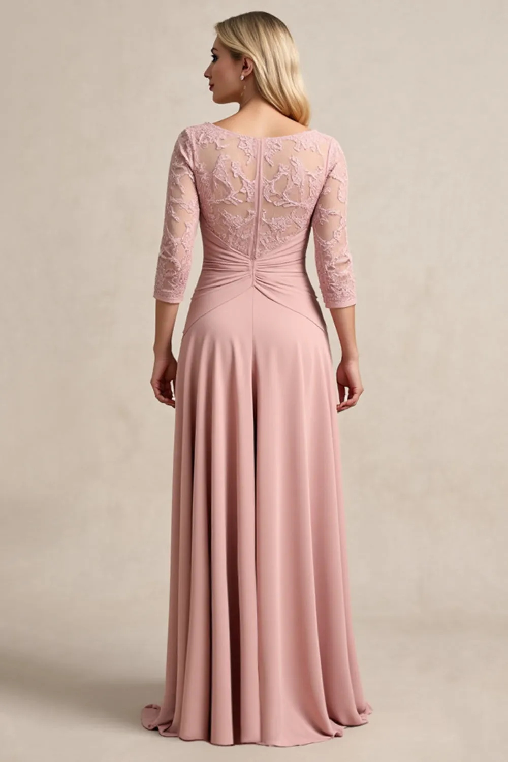 Blush High Low Chiffon Ruched Mother of the Bride Dress with Lace Appliques sold by Zapaka product image thumbnail 2