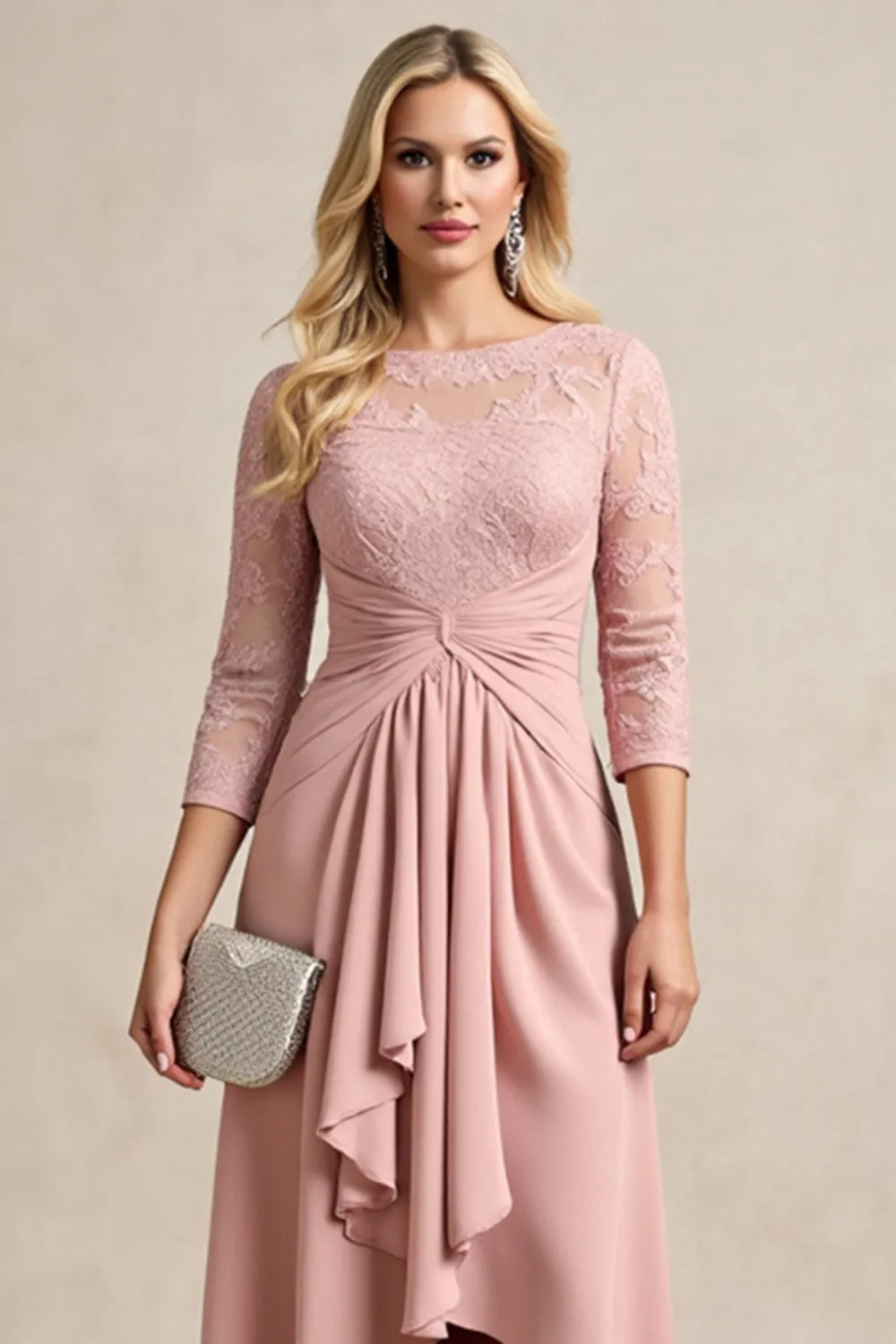 Blush High Low Chiffon Ruched Mother of the Bride Dress with Lace Appliques sold by Zapaka product image thumbnail 3