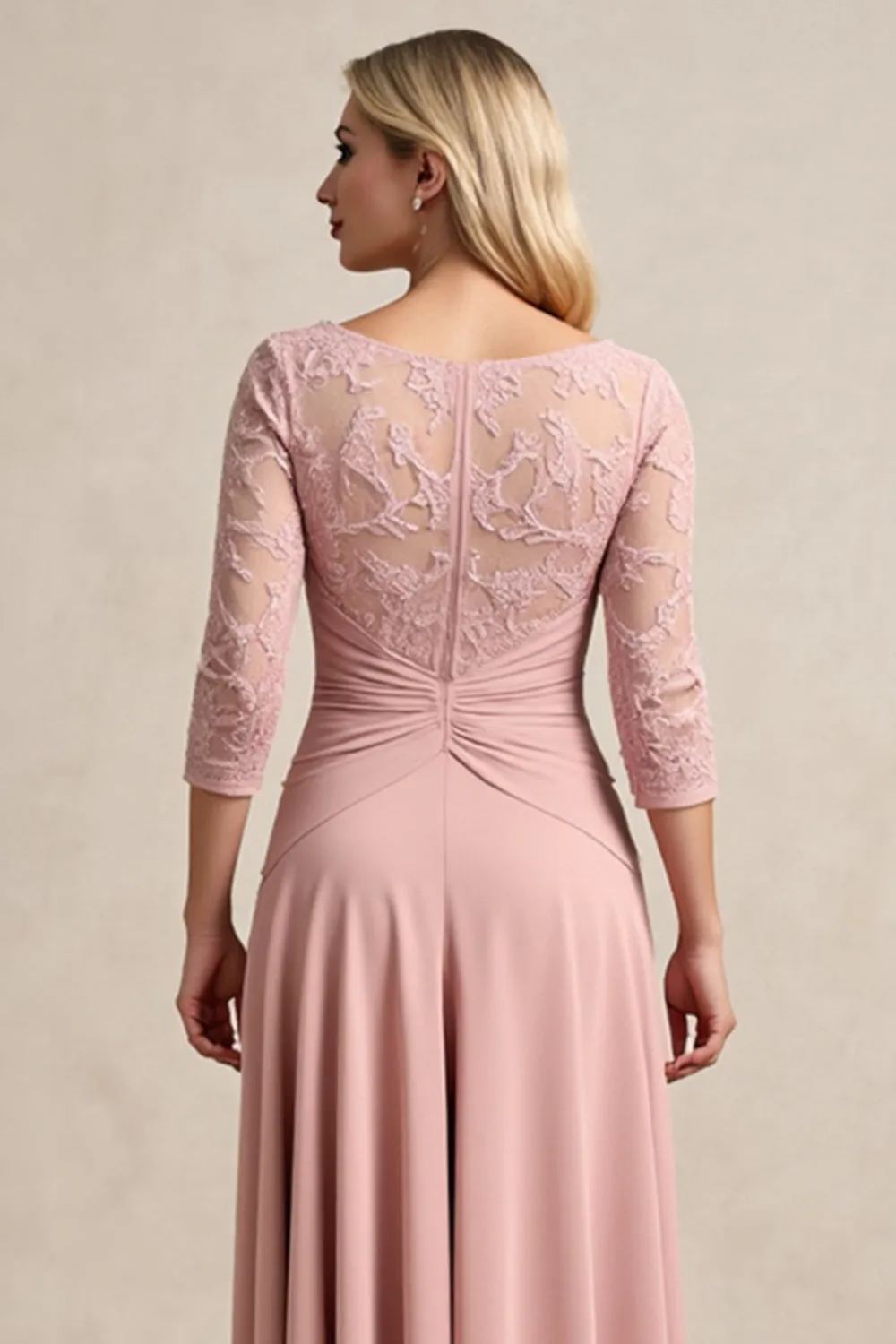 Blush High Low Chiffon Ruched Mother of the Bride Dress with Lace Appliques sold by Zapaka product image thumbnail 4