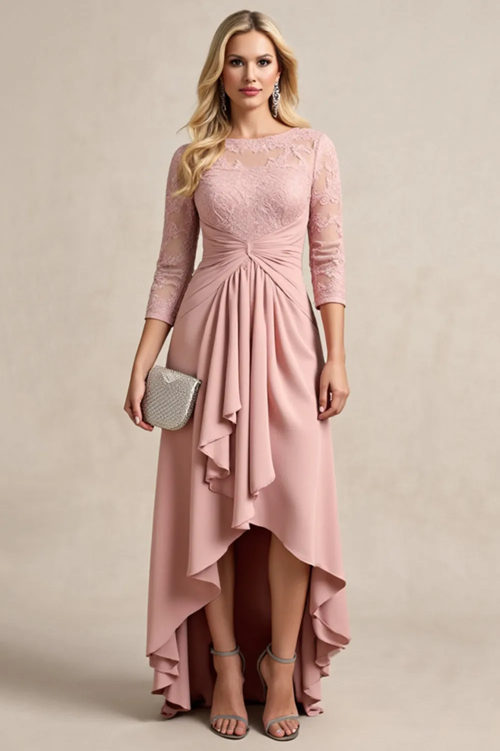 Blush High Low Chiffon Ruched Mother of the Bride Dress with Lace Appliques sold by Zapaka
