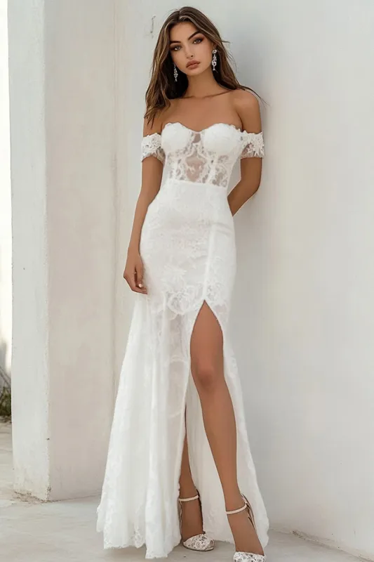 Off The Shoulder White Lace Wedding Dress with Slit sold by Zapaka
