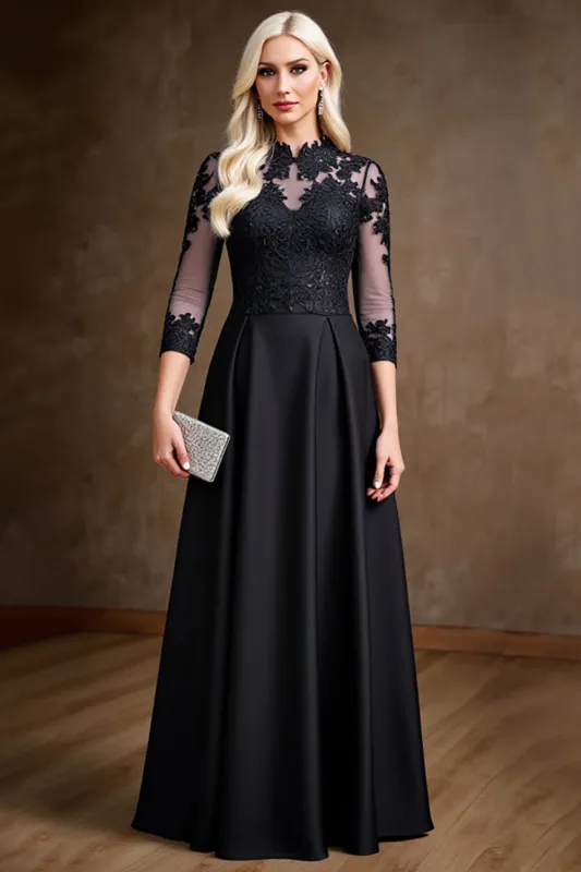 Black Satin A Line Mother of the Bride Dress with Lace Appliques made by Zapaka