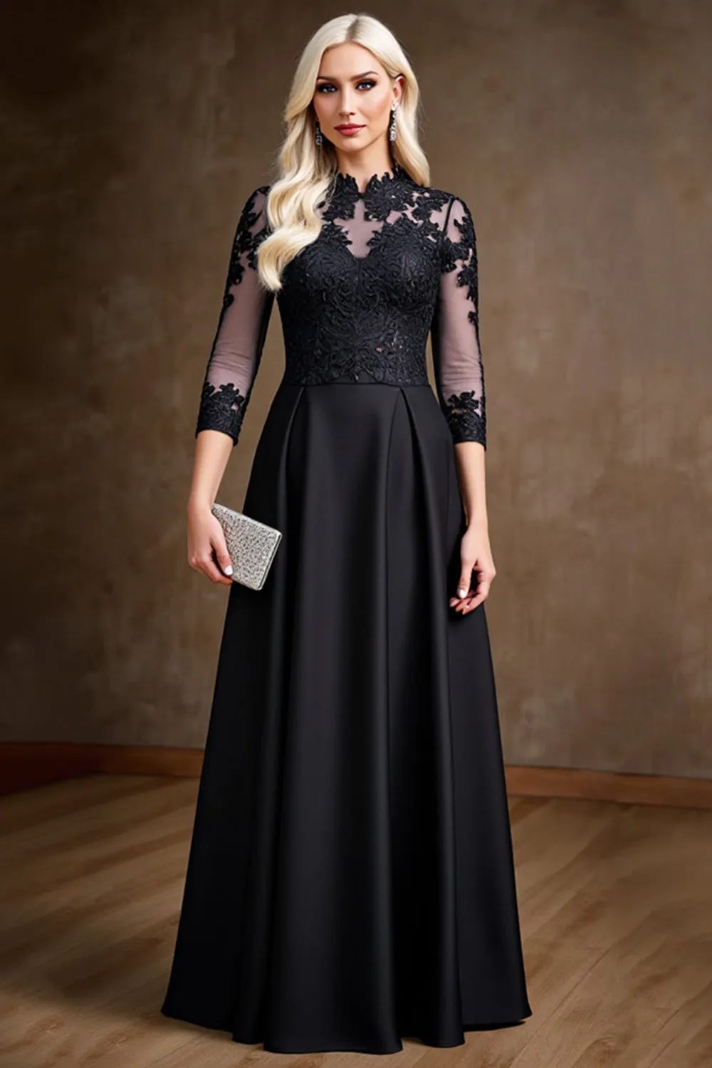 Black Satin A Line Mother of the Bride Dress with Lace Appliques sold by Zapaka