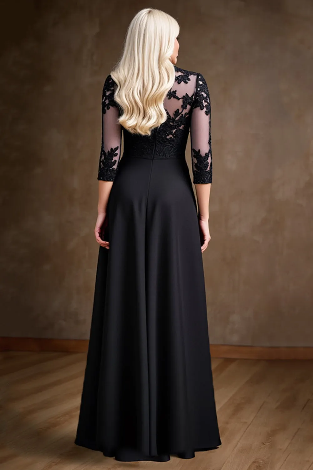 Black Satin A Line Mother of the Bride Dress with Lace Appliques sold by Zapaka product image thumbnail 2