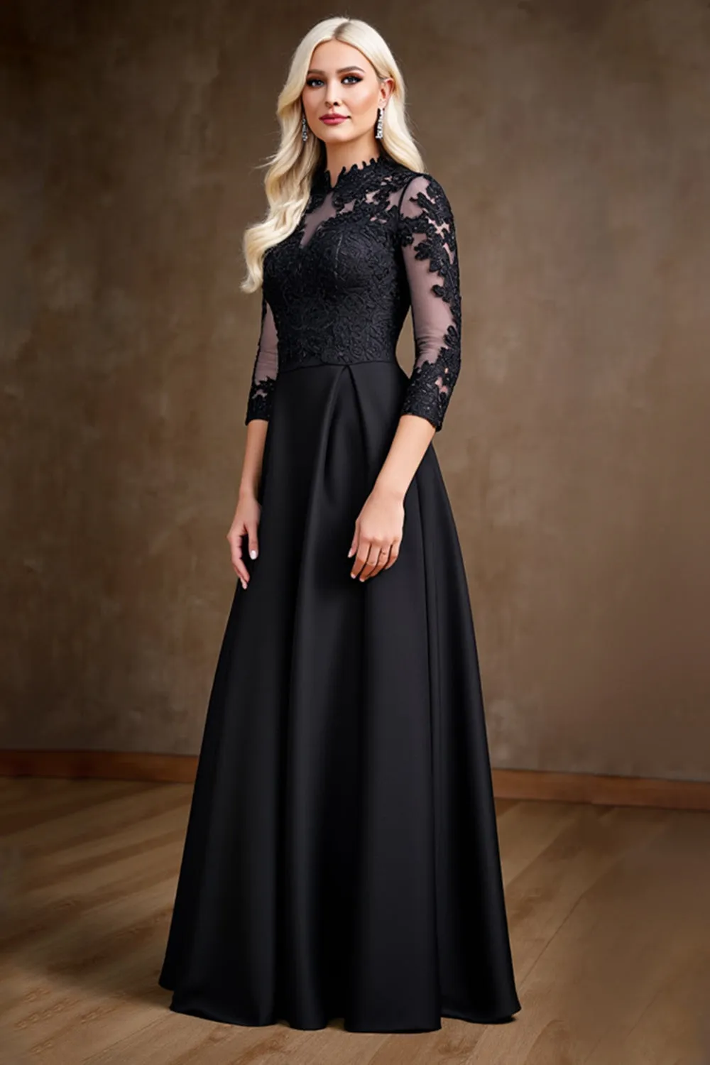 Black Satin A Line Mother of the Bride Dress with Lace Appliques sold by Zapaka product image thumbnail 3