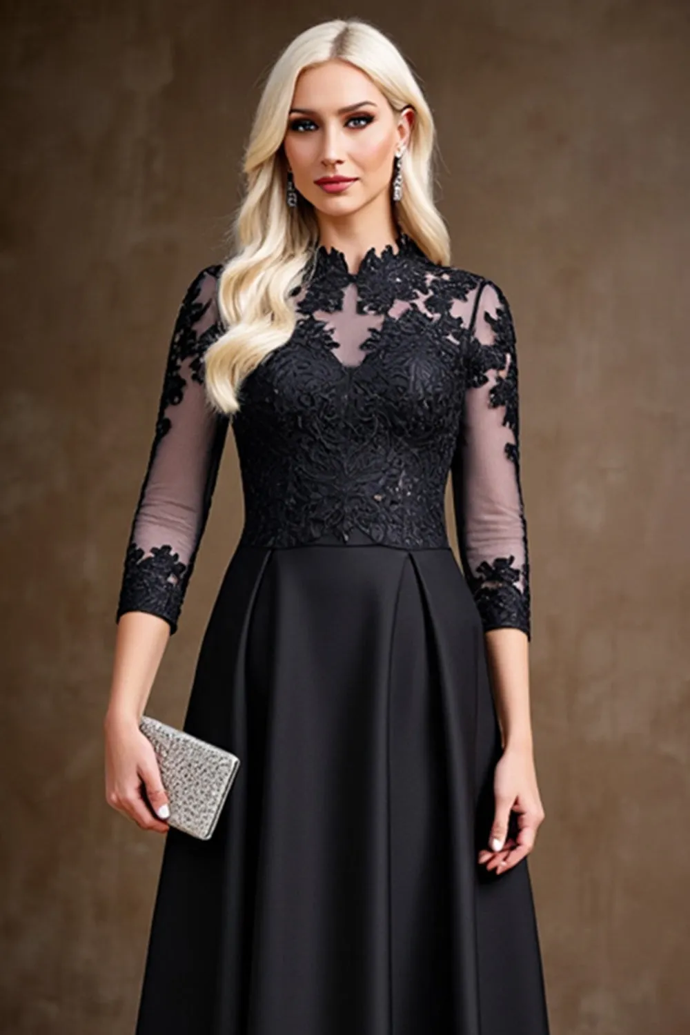 Black Satin A Line Mother of the Bride Dress with Lace Appliques sold by Zapaka product image thumbnail 4
