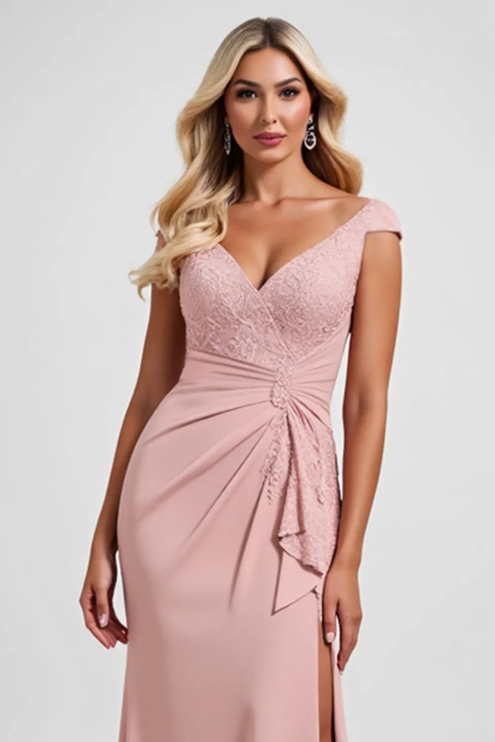 Sheath Ruched Applique V Neck Blush Mother of the Bride Dress with Slit sold by Zapaka product image thumbnail 2