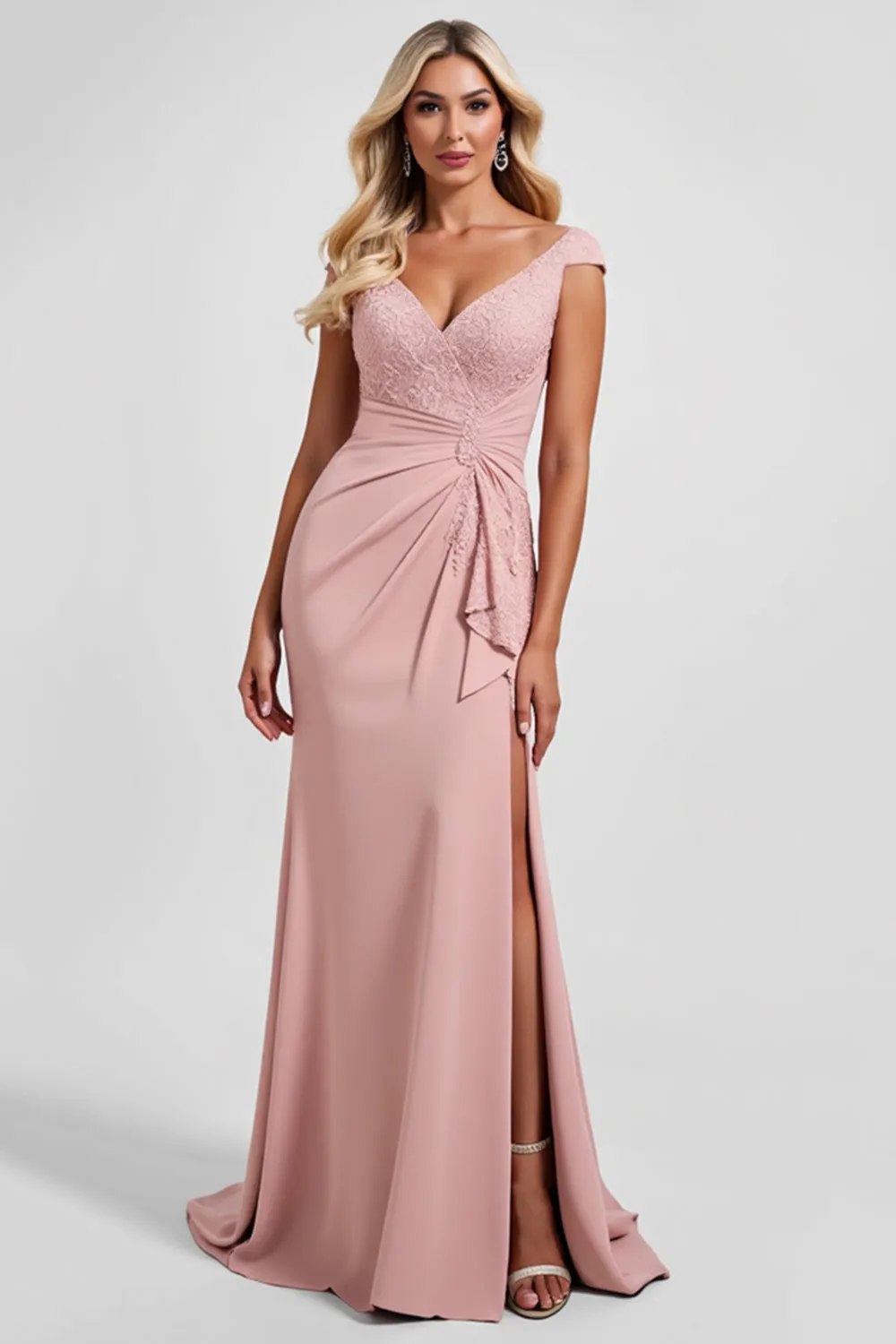 Sheath Ruched Applique V Neck Blush Mother of the Bride Dress with Slit sold by Zapaka