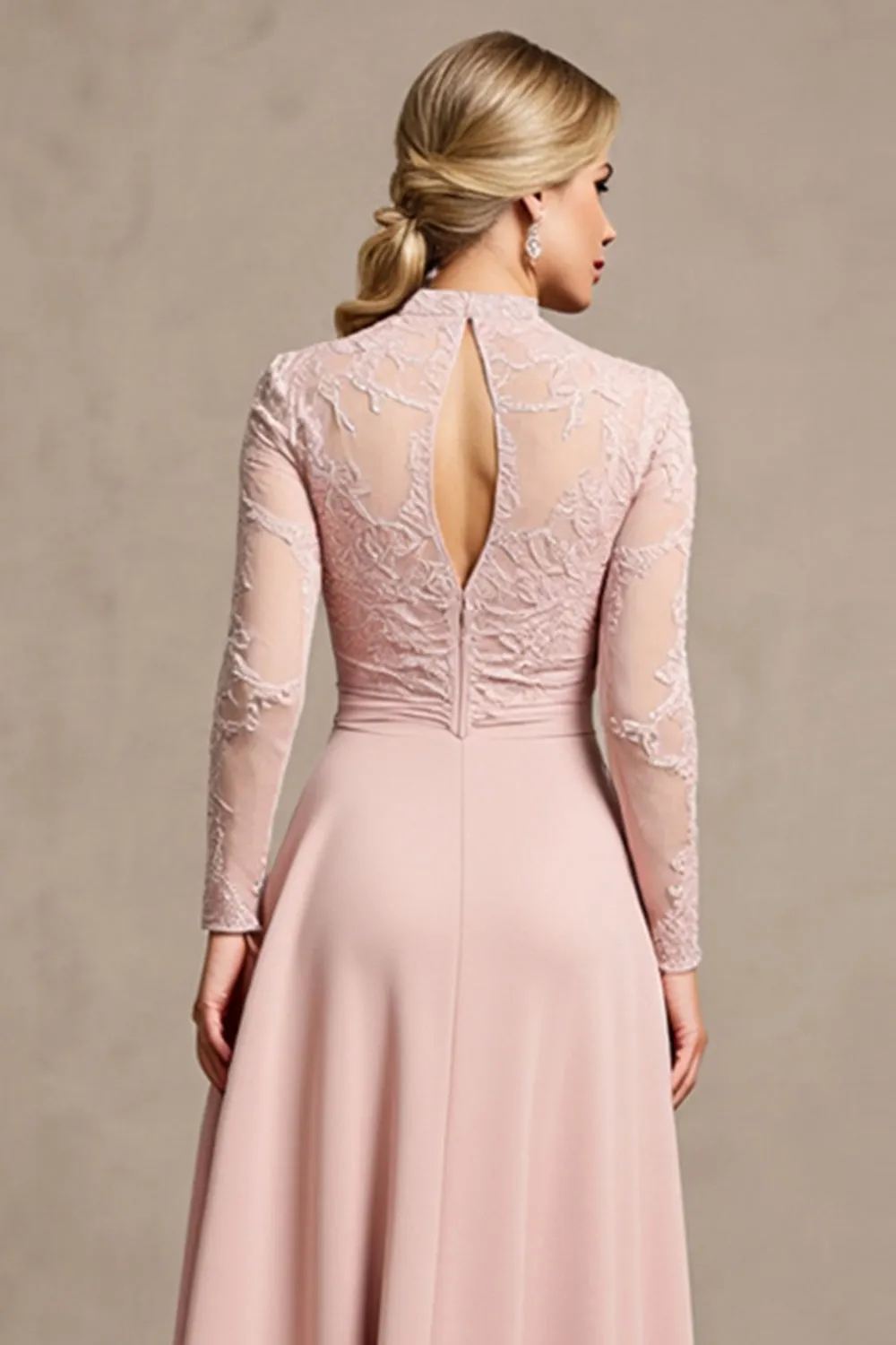 High Neck Long Sleeve Candy Pink Mother of the Bride Dress with Appliques sold by Zapaka product image thumbnail 5