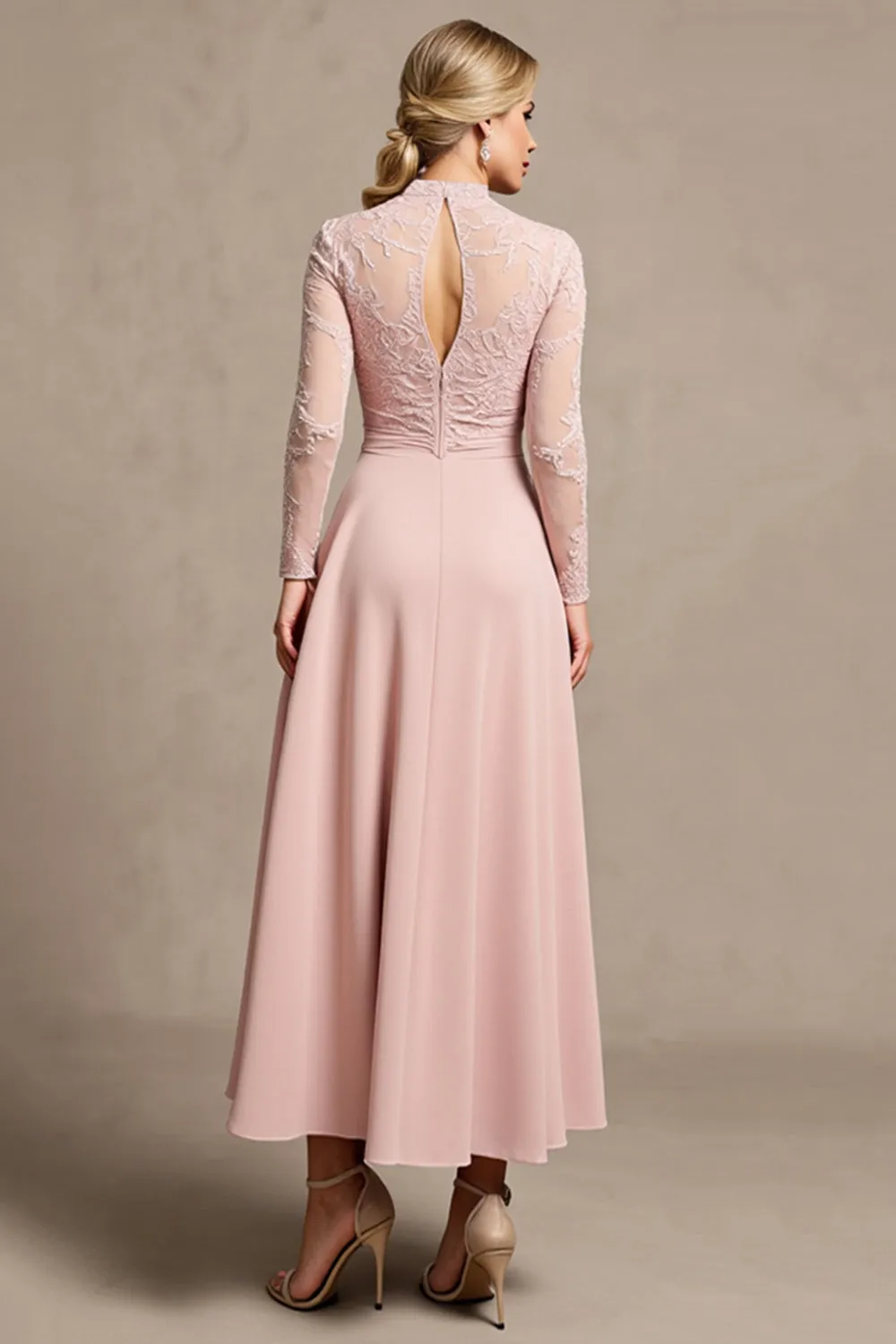 High Neck Long Sleeve Candy Pink Mother of the Bride Dress with Appliques sold by Zapaka product image thumbnail 2