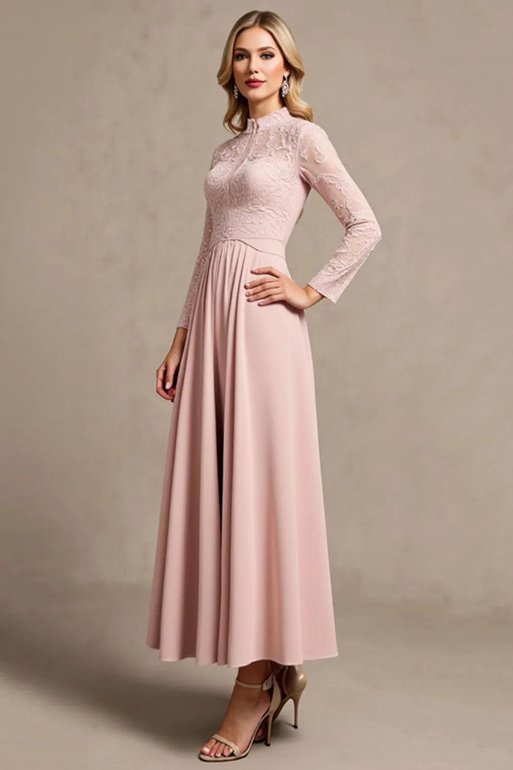 High Neck Long Sleeve Candy Pink Mother of the Bride Dress with Appliques sold by Zapaka product image thumbnail 3