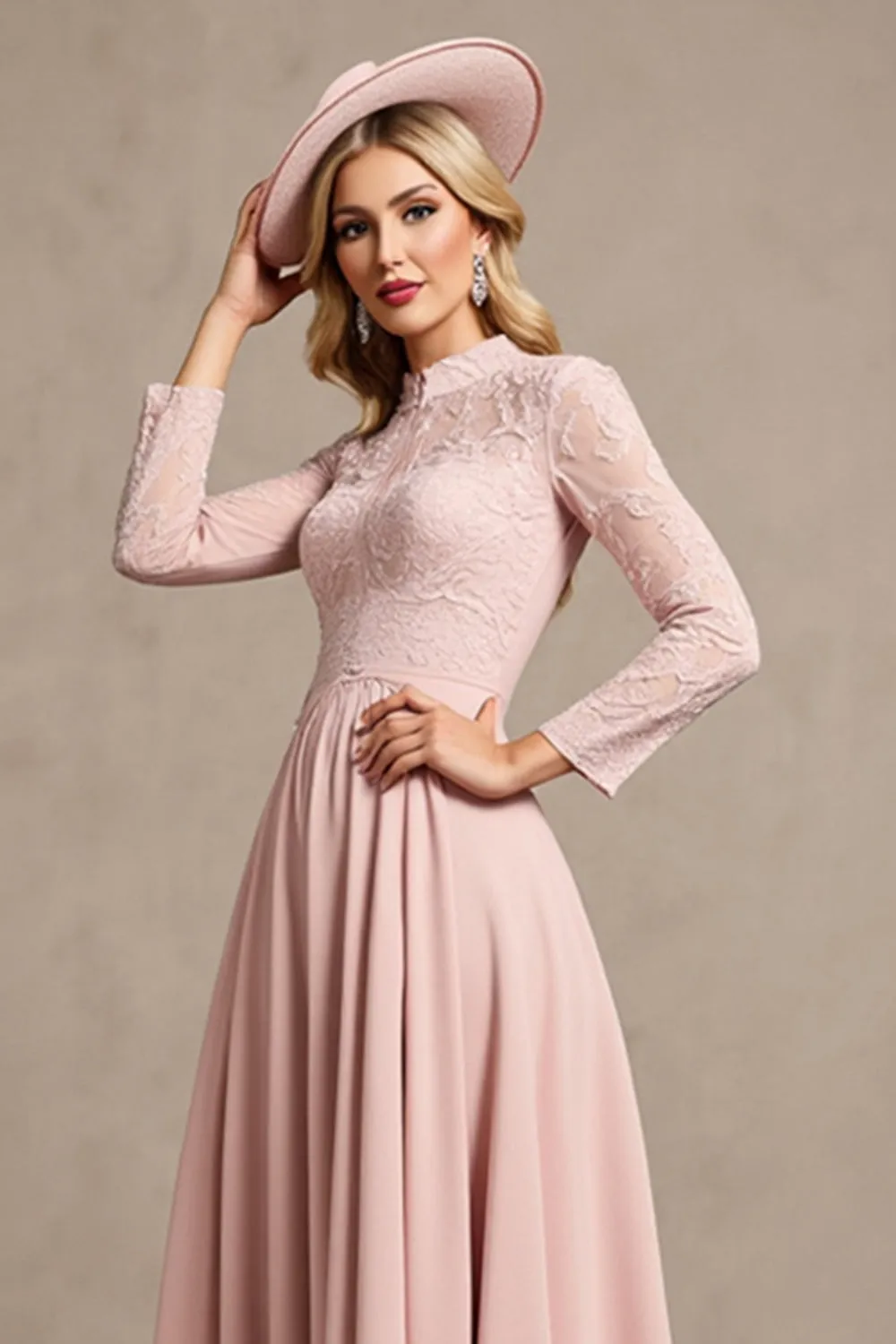 High Neck Long Sleeve Candy Pink Mother of the Bride Dress with Appliques sold by Zapaka product image thumbnail 4