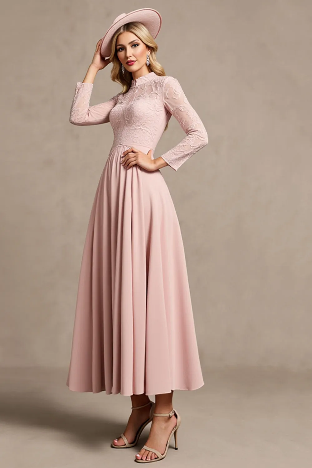 High Neck Long Sleeve Candy Pink Mother of the Bride Dress with Appliques sold by Zapaka