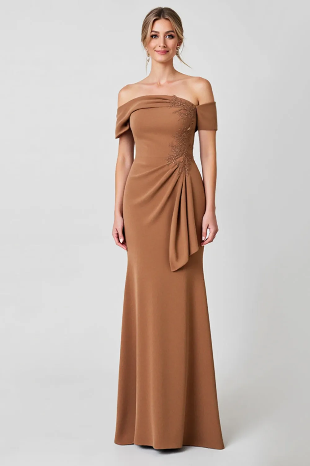 Brown Off the Shoulder Mermaid Long Mother of the Bride Dress with Ruffles sold by Zapaka