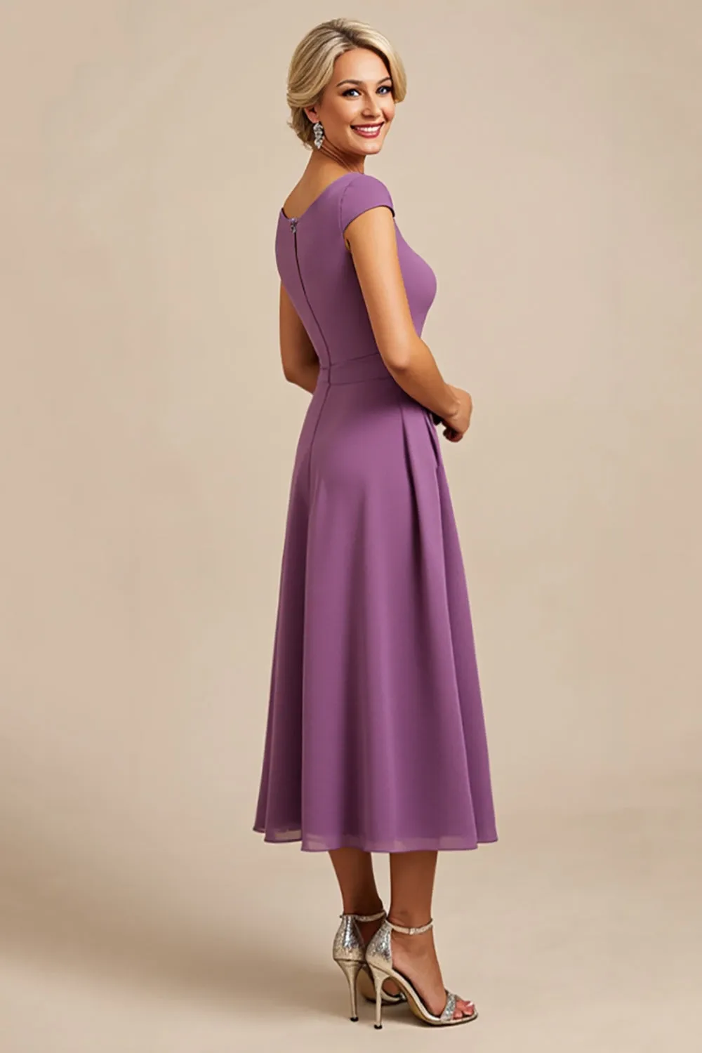 Purple A Line Beaded Chiffon Tea Length Mother of the Bride Dress with Ruffles sold by Zapaka product image thumbnail 3