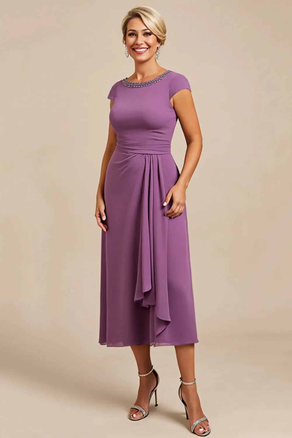 Purple A Line Beaded Chiffon Tea Length Mother of the Bride Dress with Ruffles sold by Zapaka