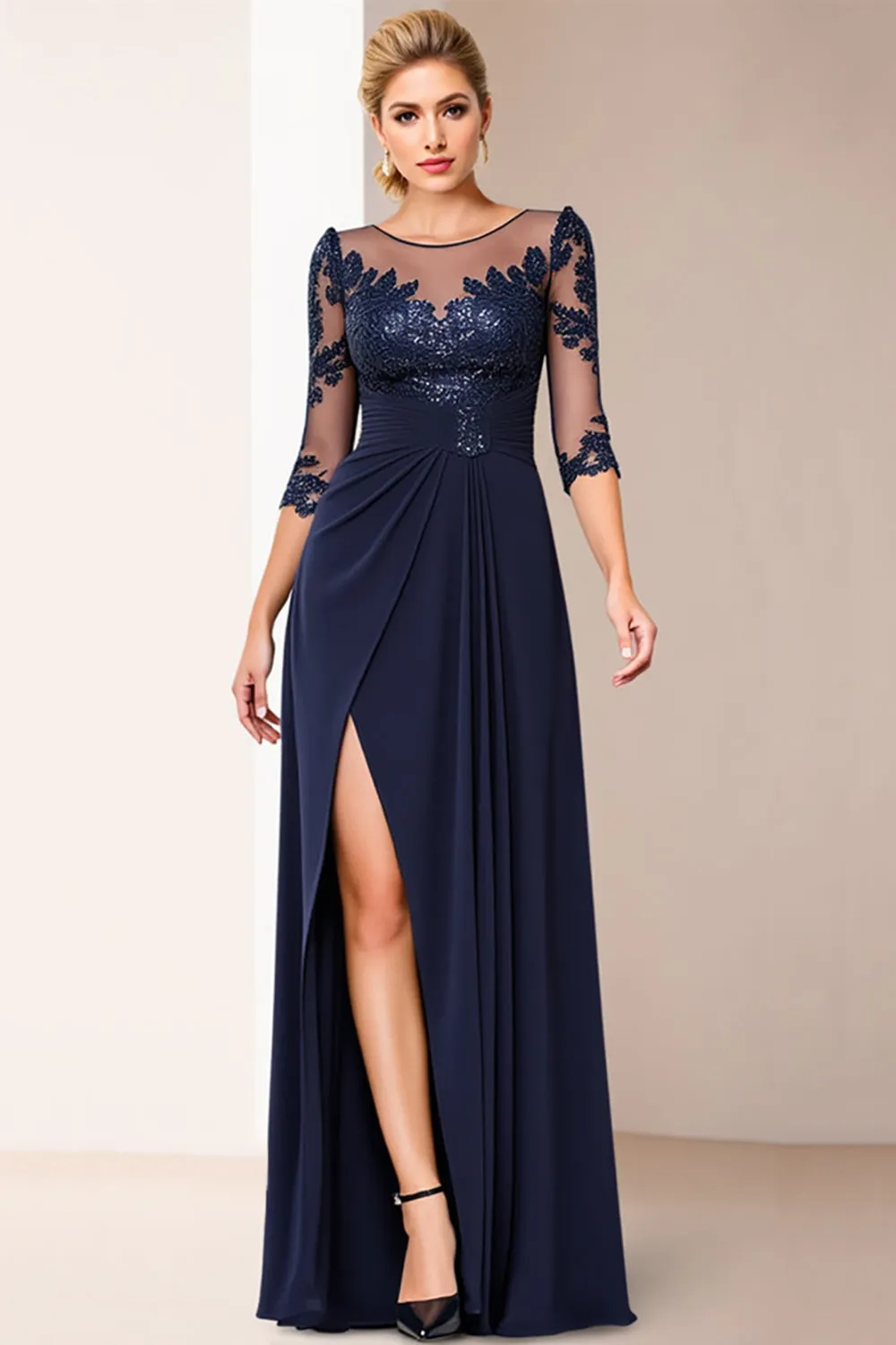 Sparkly Navy A Line Chiffon Long Mother of the Bride Dress with Slit sold by Zapaka