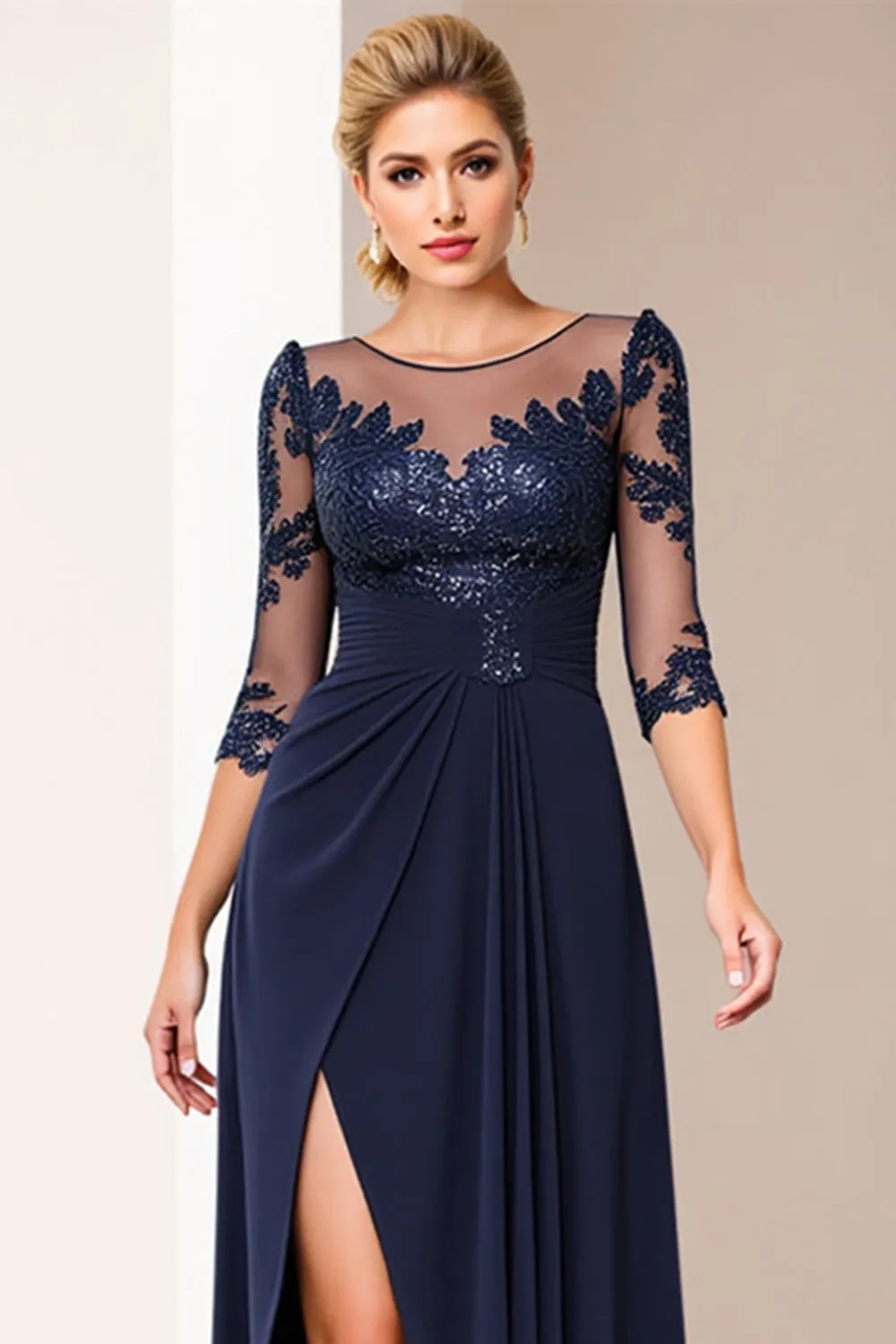 Sparkly Navy A Line Chiffon Long Mother of the Bride Dress with Slit sold by Zapaka product image thumbnail 2