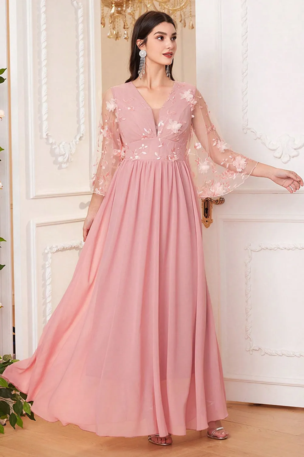 Blush Pink A Line Long Mother Of The Bride Dress With Flowers sold by Zapaka product image thumbnail 3