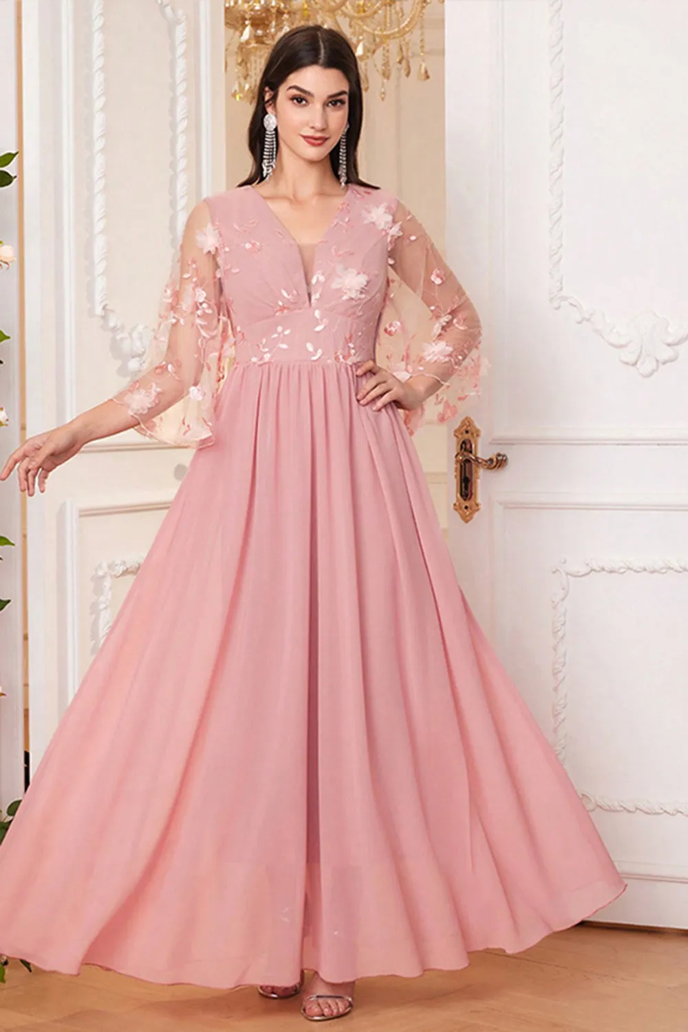 Blush Pink A Line Long Mother Of The Bride Dress With Flowers sold by Zapaka product image thumbnail 4