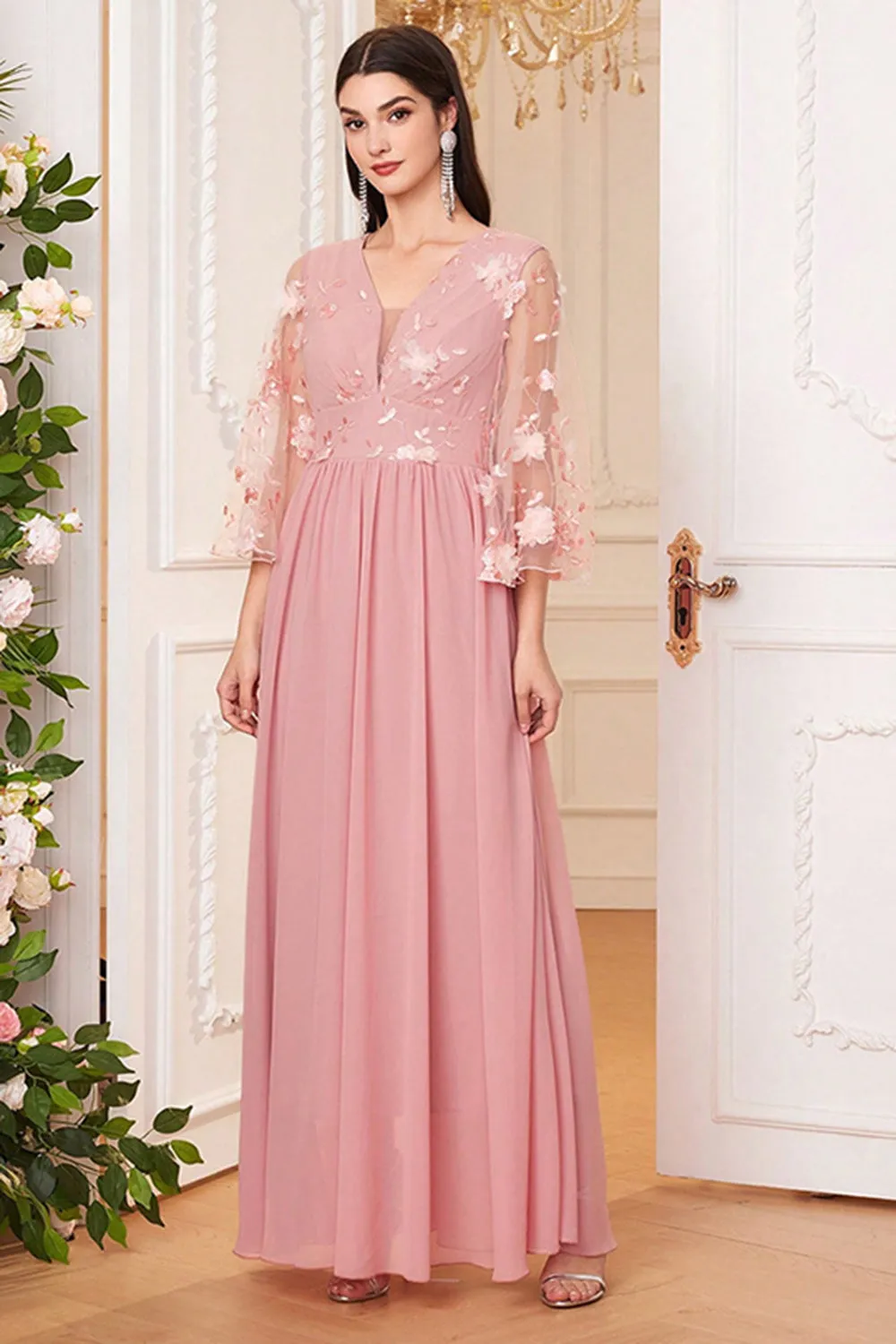 Blush Pink A Line Long Mother Of The Bride Dress With Flowers sold by Zapaka product image thumbnail 5