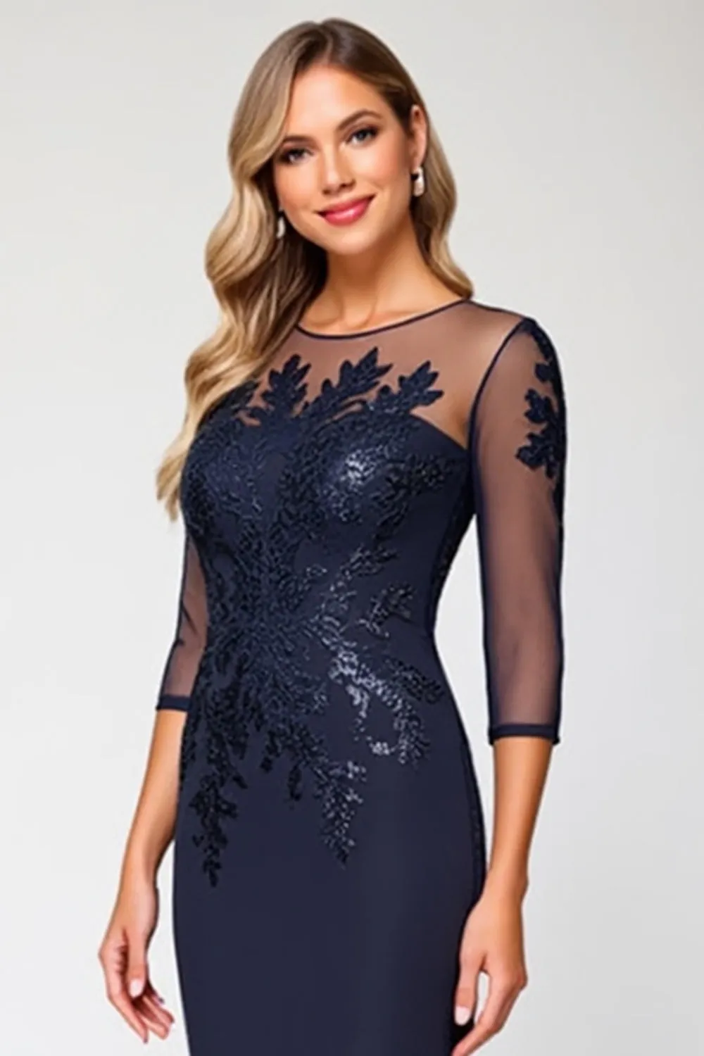 Sparkly Navy Bodycon Satin Knee Length Mother of the Bride Dress with Lace sold by Zapaka product image thumbnail 2