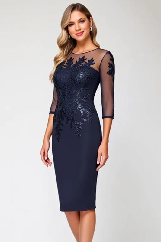 Sparkly Navy Bodycon Satin Knee Length Mother of the Bride Dress with Lace sold by Zapaka