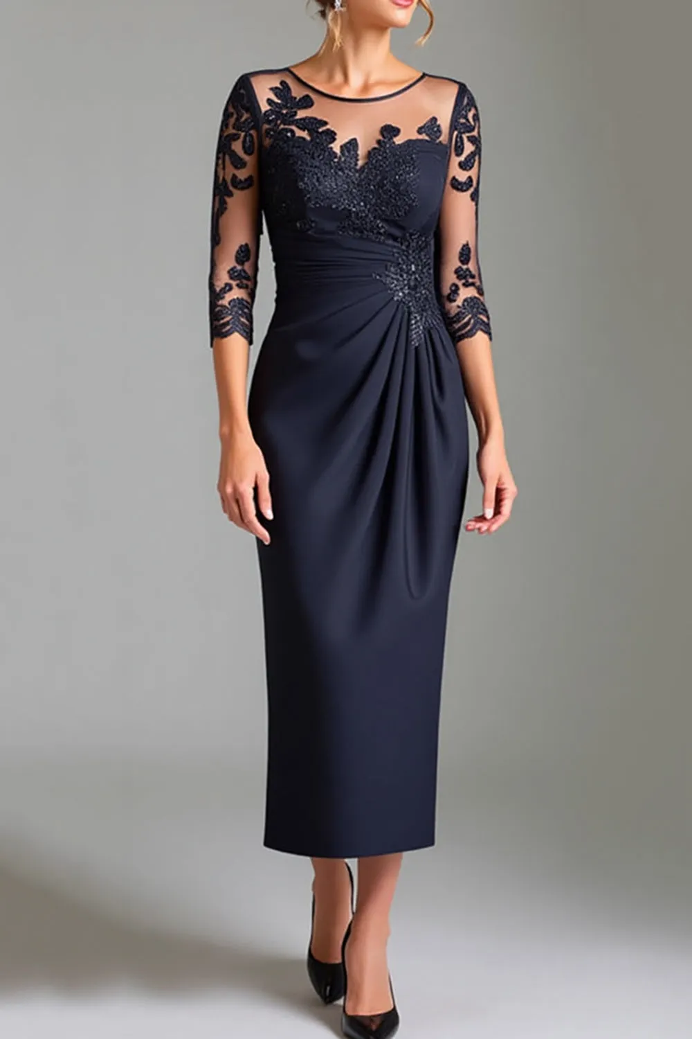 Sparkly Navy Sheath Satin Tea Length Mother of the Bride Dress with Appliques sold by Zapaka