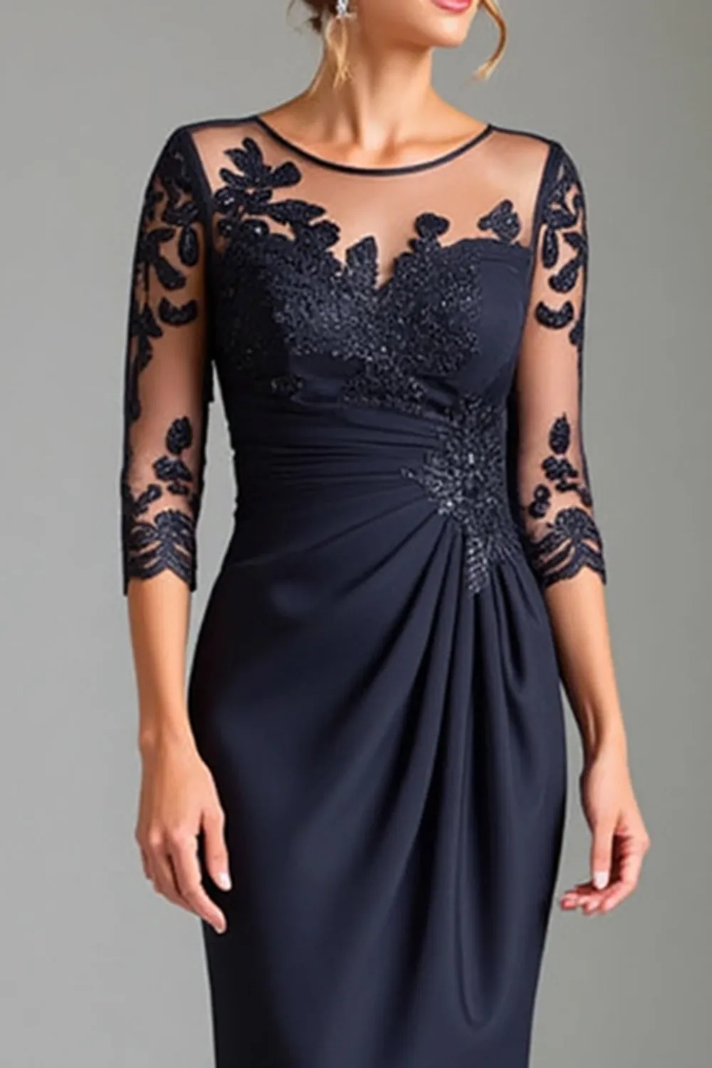 Sparkly Navy Sheath Satin Tea Length Mother of the Bride Dress with Appliques sold by Zapaka product image thumbnail 2