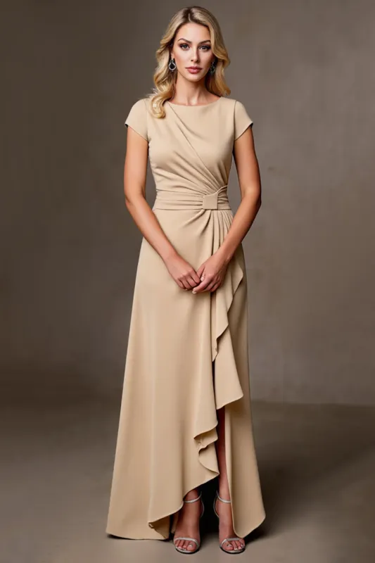 Champagne A Line Satin Ruffled Long Mother of the Bride Dress with Slit sold by Zapaka