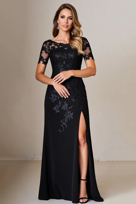 Black Sheath Satin Long Mother of the Bride Dress with Appliques sold by Zapaka