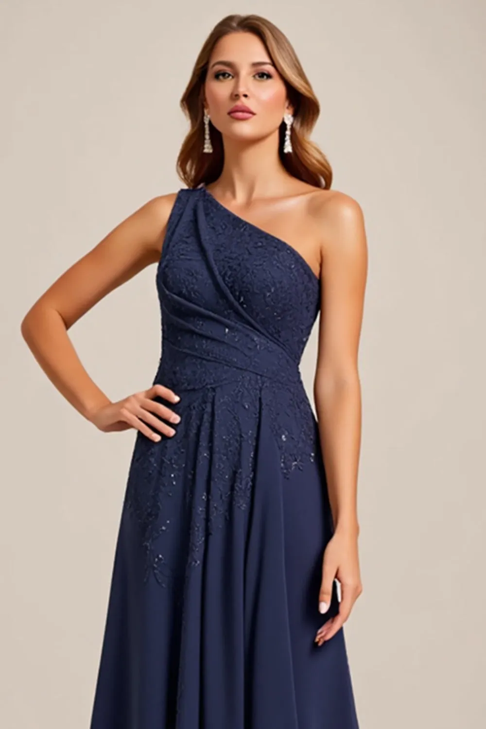 Navy A Line One Shoulder Long Mother of the Bride Dress with Lace sold by Zapaka product image thumbnail 3