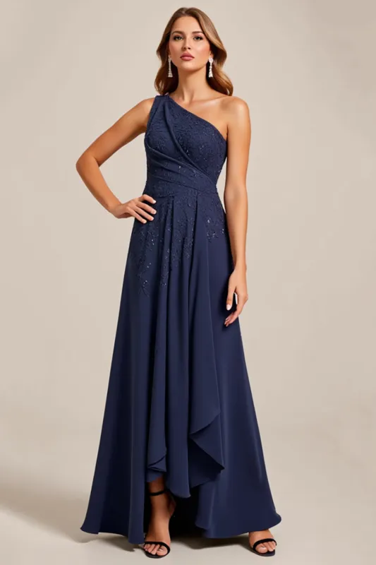 Navy A Line One Shoulder Long Mother of the Bride Dress with Lace sold by Zapaka