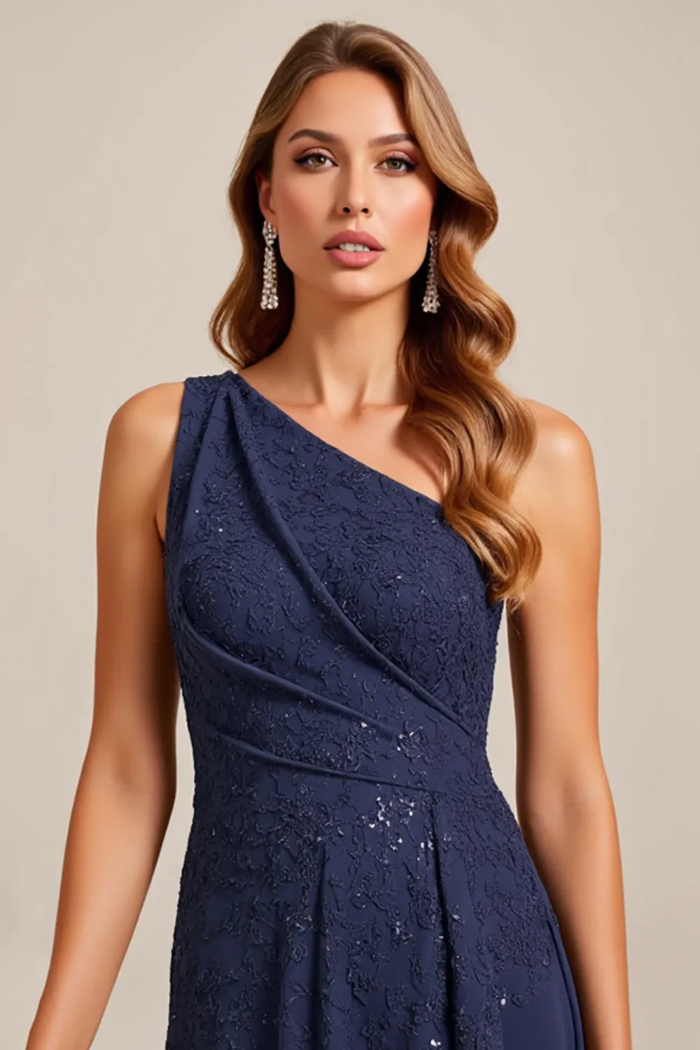 Navy A Line One Shoulder Long Mother of the Bride Dress with Lace sold by Zapaka product image thumbnail 5