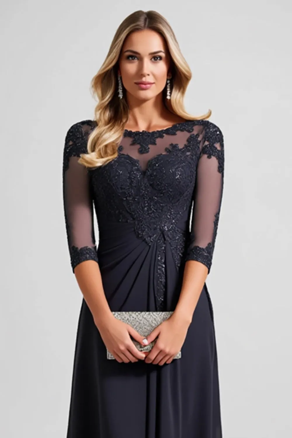 Navy A Line Tea Length Mother of the Bride Dress with Lace sold by Zapaka product image thumbnail 3