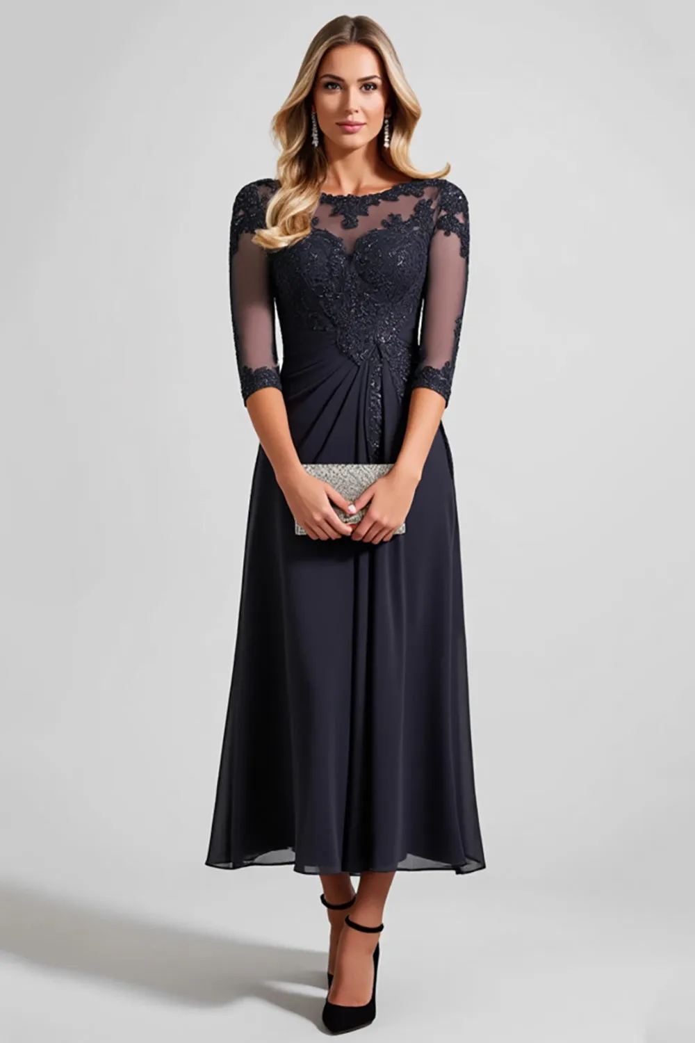 Navy A Line Tea Length Mother of the Bride Dress with Lace sold by Zapaka