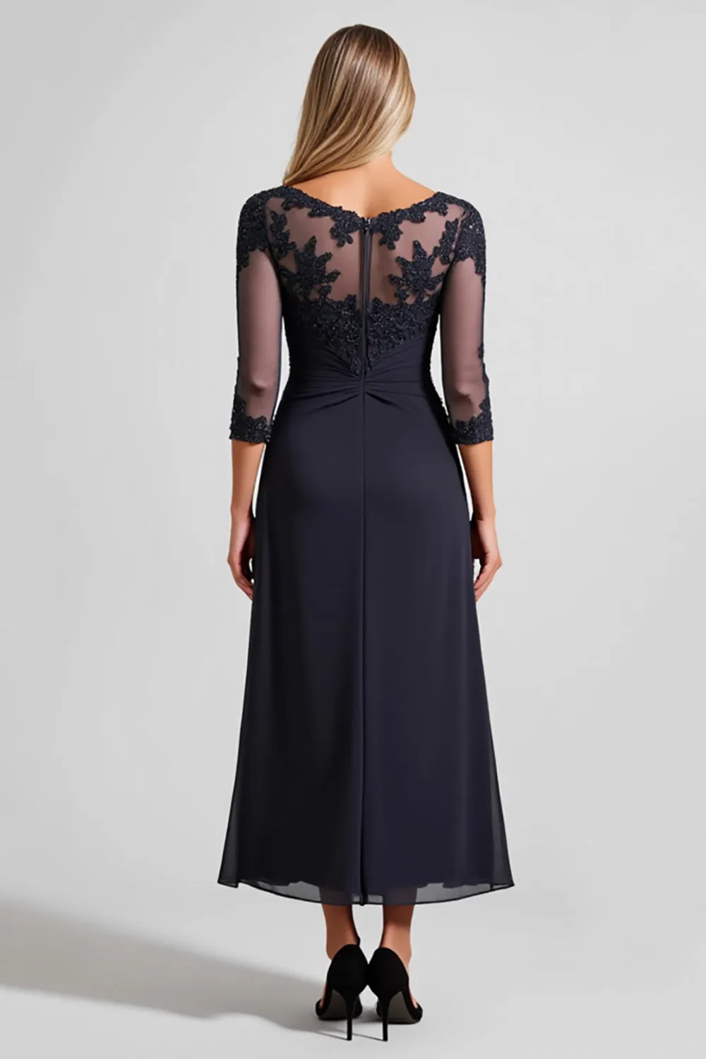 Navy A Line Tea Length Mother of the Bride Dress with Lace sold by Zapaka product image thumbnail 2