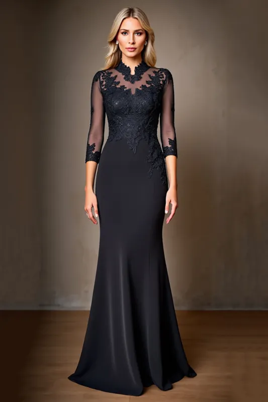 Black Satin High Neck Long Mother of the Bride Dress with Lace sold by Zapaka