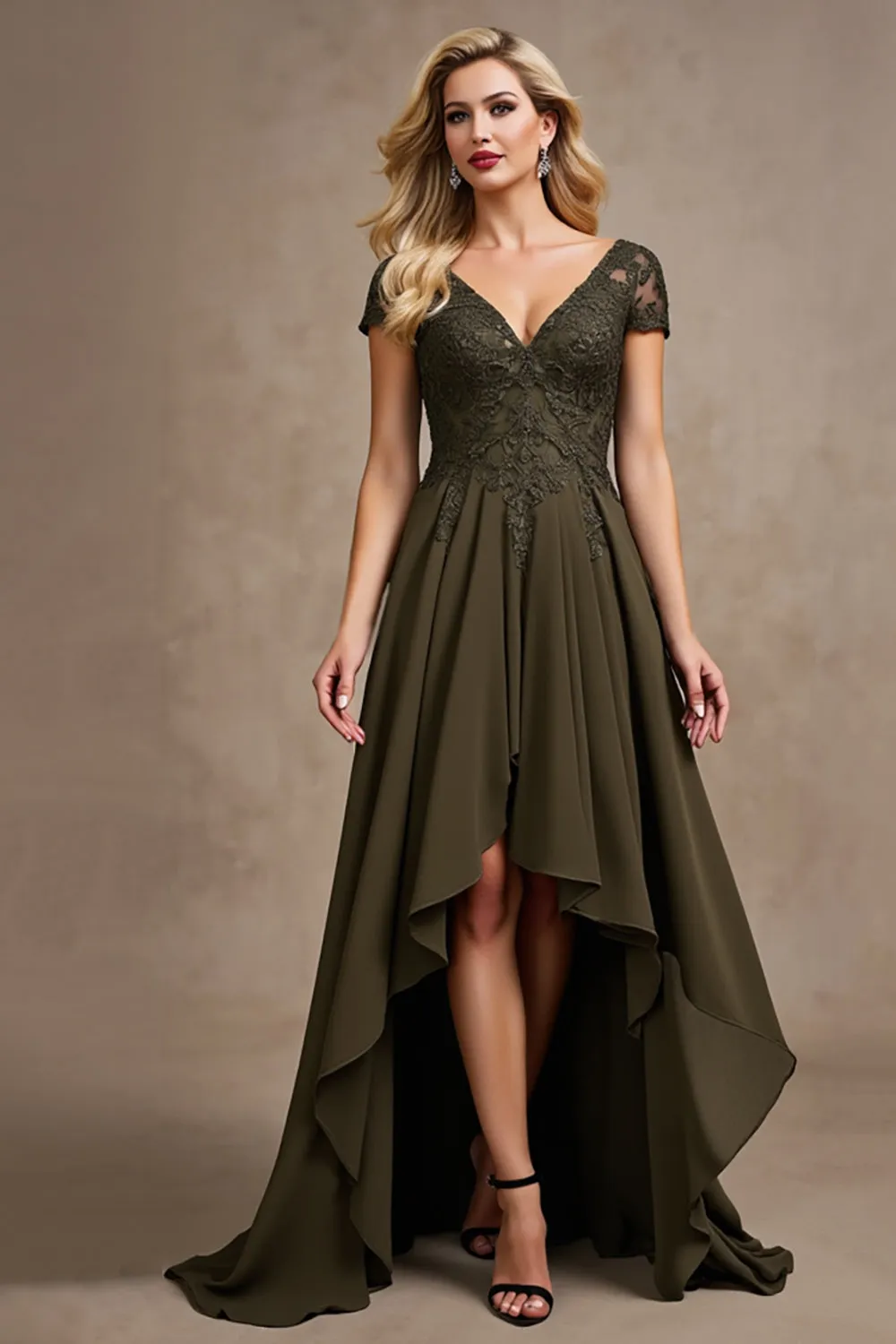 Olive Satin Asymmetrical High Low Mother of the Bride Dress sold by Zapaka product image thumbnail 3